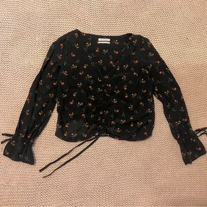 Urban Outfitters Black Floral Ruched Top With Bell Sleeves